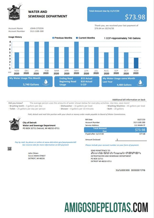 realista Modelo de conta de serviços públicos de água, EUA, Ohio, cidade de Detroit, em formato Word e PDF